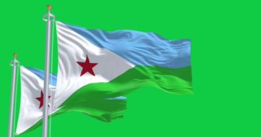 Cibuti 'nin ulusal bayrağı yeşil arka planda izole bir şekilde dalgalanıyor. Kusursuz 3D canlandırma animasyonu. Yeşil ekran. Krom anahtar. Alfa kanalı. Yavaş çekim döngüsü. 4 bin. Seçici odak