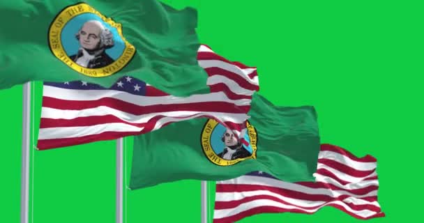 Σημαίες Της Πολιτείας Της Ουάσιγκτον Κυματίζουν Τις Αμερικανικές Σημαίες Απομονωμένες — Αρχείο Βίντεο