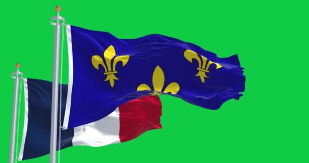 法兰西岛的国旗飘扬着 法国国旗与绿色背景隔离 无缝3D渲染动画 慢动作回圈绿色屏幕 有选择的重点 — 图库视频影像
