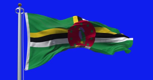 Флаг Доминики Размахивает Изолированным Синем Фоне Бесшовная Анимация Хрома Ключ — стоковое видео