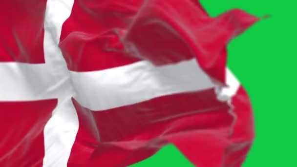 丹麦国旗在绿色背景下飘扬的特写 无缝3D渲染动画 慢动作回圈绿色屏幕 有选择的重点 — 图库视频影像