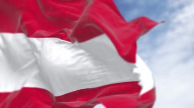 Avusturya bayrağının yakın çekimi açık bir günde sallanıyor. Üç eşit yatay şerit: beyaz, kırmızı üst alt, orta şerit. Kusursuz 3 boyutlu animasyon. Yavaş çekim döngüsü. Seçici odak