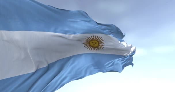 Primer Plano Bandera Nacional Argentina Ondeando Día Despejado Tres Bandas — Vídeo de stock