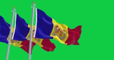 Andorra Prensliğinin bayrakları yeşil arka planda yalıtılmış rüzgarda dalgalanıyor. Kusursuz 3D canlandırma animasyonu. Krom anahtar. Yavaş çekim döngüsü. Yeşil ekran. 4 bin. Seçici odak.