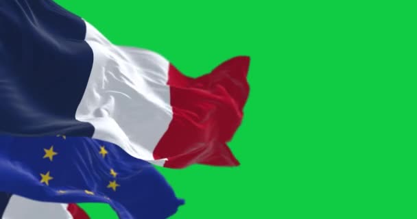 Franciaország Európai Unió Zászlói Együtt Integetnek Elszigetelve Zöld Háttértől Zökkenőmentes — Stock videók