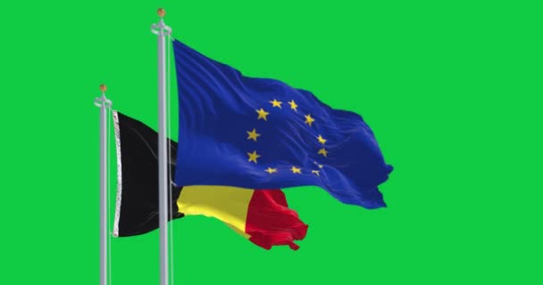Εθνική Σημαία Του Βελγίου Και Σημαία Της Ευρωπαϊκής Ένωσης Κυματίζουν — Αρχείο Βίντεο