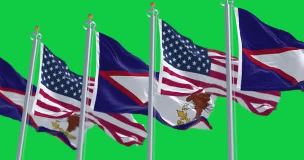 Amerikaanse Samoa Vlaggen Zwaaien Met Amerikaanse Vlaggen Geïsoleerd Groene Achtergrond — Stockvideo