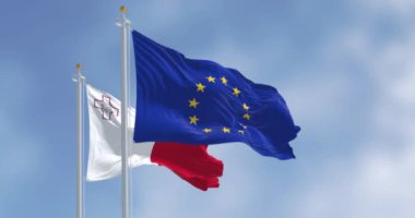Malta ve Avrupa Birliği bayrakları açık bir günde rüzgarda sallanıyor. Malta Mayıs 2004 'te AB üyesi oldu. 3D illüstrasyon canlandırıcı. Çırpınan tekstil. Seçici odak