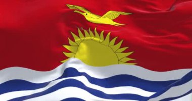 Kiribati ulusal bayrağının rüzgarda dalgalanmasına yakın çekim. Kiribati, Orta Pasifik Okyanusu 'nda bağımsız bir ada devletidir. 3D illüstrasyon canlandırıcı. Dalgalanan kumaş arkaplanı.