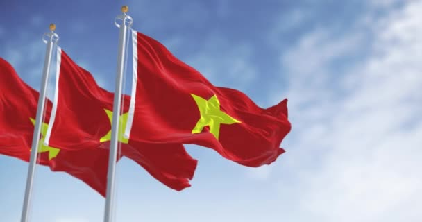 3つのベトナム国旗が風に揺れている 中央に大きな黄色の5点の星を持つ赤い旗 3Dイラストレンダリング 選択的な焦点 リッピングファブリック — ストック動画