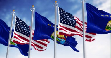 Montana eyaletinin bayrakları açık bir günde Amerikan bayrağıyla rüzgarda sallanıyor. Amerikan bayrağı. Vatanseverlik ve ulusal gurur. 3D illüstrasyon canlandırıcı. Dalgalanan kumaş