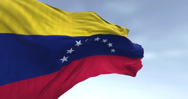 Nahaufnahme Der Venezolanischen Nationalflagge Die Einem Klaren Tag Geschwenkt Wird — Stockvideo