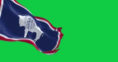 Wyoming eyaletinin yeşil arka planda rüzgarda dalgalanan bayrağının yakın çekimi. Kusursuz 3D canlandırma animasyonu. Krom anahtar. Yavaş çekim döngüsü. Yeşil ekran. 4 bin. Seçici odak.