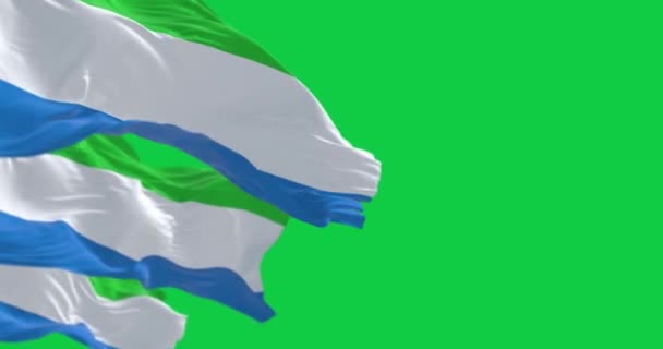 シエラレオネの3つの国旗は 緑の背景で孤立した風を振っています シームレス3Dレンダリングアニメーション グリーン スクリーン クロマキー アルファチャンネル スローモーションループ 4Kについて 選択的なフォーカス — ストック動画