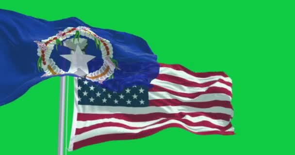 北マリアナ諸島と米国の旗は緑の背景で孤立した シームレス3Dレンダリングアニメーション グリーン スクリーン クロマキー アルファチャンネル スローモーションループ 4Kについて — ストック動画