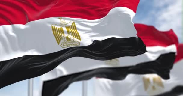 エジプトの三つの国旗が晴れた日を振った 黒のバンド 白いバンドを中心としたエジプトの鷲のエンブレム シームレス3Dレンダリングアニメーション スローモーションループ 選択的なフォーカス — ストック動画