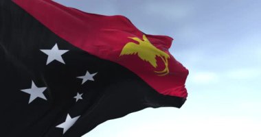 Açık bir günde rüzgarda dalgalanan Papua Yeni Gine bayrağının ayrıntıları. Papua Yeni Gine dünyanın üçüncü büyük ada ülkesidir. Kusursuz 3 boyutlu animasyon. Yavaş çekim döngüsü