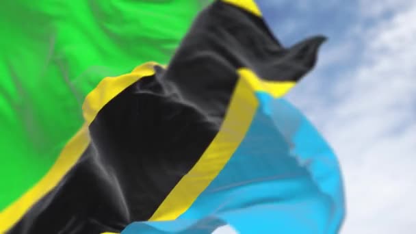 Tanzania National Flags Waving Green Blue Triangles Black Diagonal Stripe — Stock Video