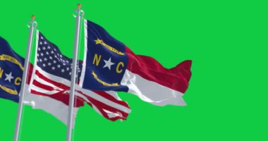 Kuzey Carolina eyaletinin bayrakları yeşil arka planda izole edilmiş Amerikan bayrağıyla dalgalanıyor. Kusursuz 3D canlandırma animasyonu. Krom anahtar. Yavaş çekim döngüsü. Yeşil ekran. 4 bin. Seçici odak.