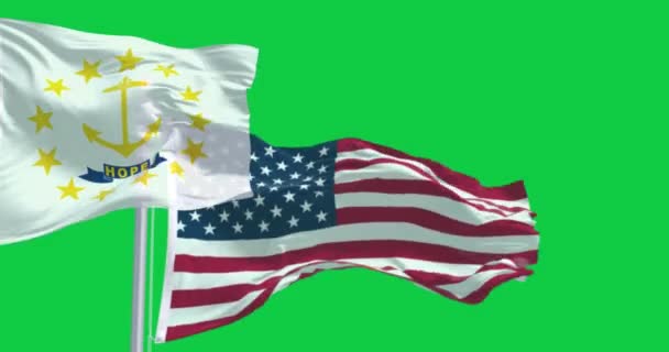 Rhode Island Stát Vlajky Mává Americkou Vlajkou Izolované Zeleném Pozadí — Stock video