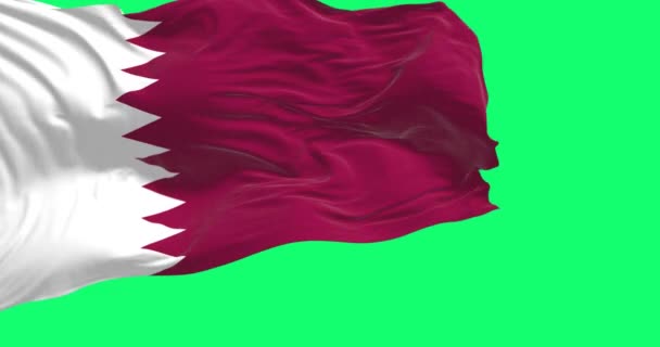 Державний Прапор Катару Ізольований Зеленому Тлі Марунь Широкою Білою Клиноподібною — стокове відео