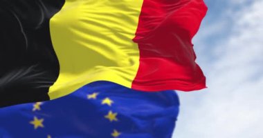 Açık bir günde Belçika ve Avrupa Birliği bayrakları birbirine yakın duruyor. Demokrasi ve politika. Avrupa ülkesi. Kusursuz 3 boyutlu animasyon. Yavaş çekim döngüsü. Seçici odak