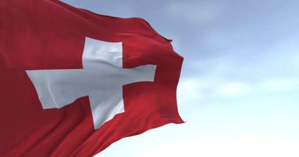 Schweiz Nationella Flagga Vinkar Vinden Klar Dag Röd Bakgrund Med — Stockvideo