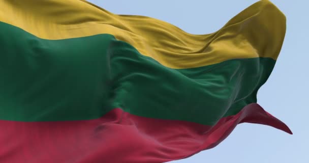 Close Bandeira Nacional Lituânia Acenando Horizontal Tricolor Listras Amarelas Verdes — Vídeo de Stock