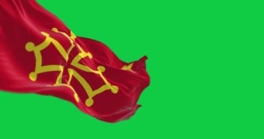 Yeşil arka planda izole edilmiş Occitanie bölgesinin bayrağı sallanıyor. Kusursuz 3D canlandırma animasyonu. Krom anahtar. Yavaş çekim döngüsü. Yeşil ekran. 4 bin. Seçici odak