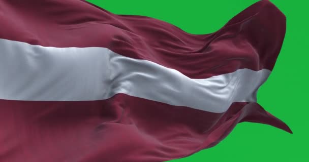Közelkép Lettország Nemzeti Zászló Lengő Szél Elszigetelt Zöld Háttérrel Zökkenőmentes — Stock videók