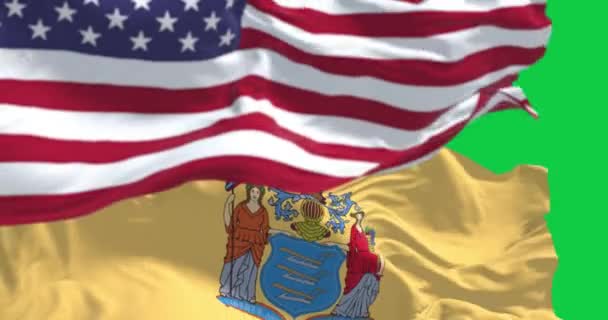 Vlajky Státu New Jersey Vlající Americkou Vlajkou Izolovanou Zeleném Pozadí — Stock video