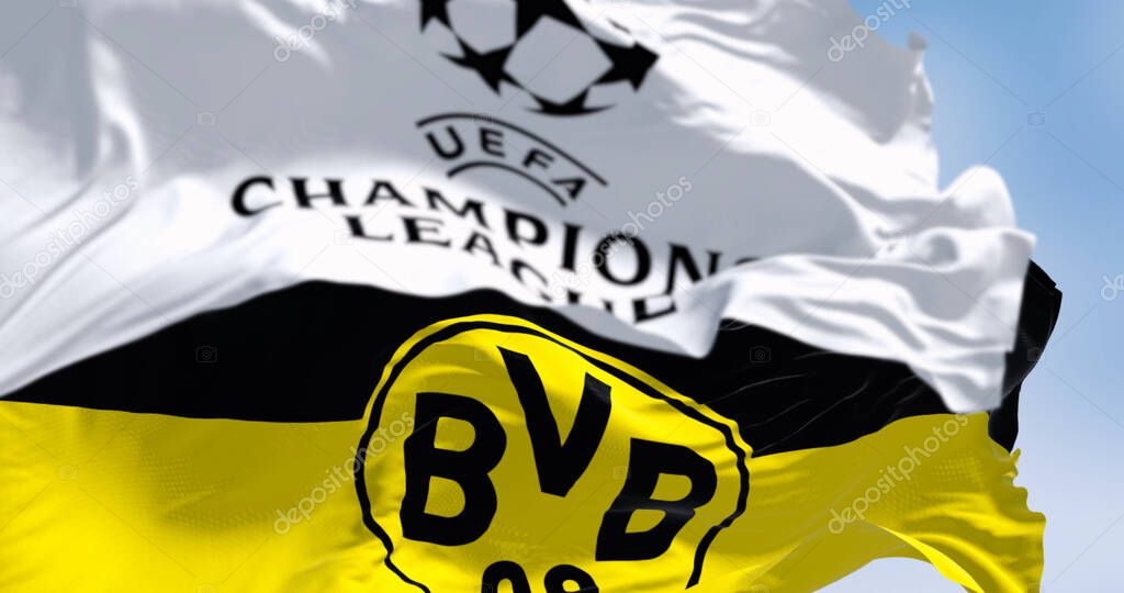 Dortmund, DE, May 13, 2024; UEFA Champions League and Borussia Dortmund flags waving in the wind. Illustrative editorial 3d illustration render.