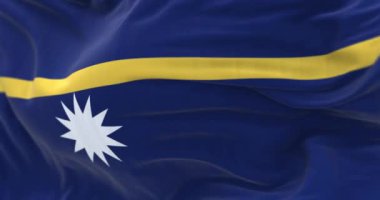 Nauru ulusal bayrağının rüzgarda dalgalanmasına yakın çekim. Central Pacific 'teki Mikronezya' da bir ada ülkesi. Kusursuz 3 boyutlu animasyon. Yavaş çekim döngüsü. Seçici odak