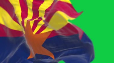 Arizona bayrağı rüzgarda dalgalanırken yeşil arka planda izole edilmiş. Kusursuz 3D canlandırma animasyonu. Krom anahtar. Yavaş çekim döngüsü. Yeşil ekran. 4 bin. Seçici odak