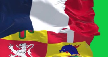 Auvergne-Rhone-Alpleri ve Ulusal Fransız bayrakları 3 boyutlu kusursuz canlandırma animasyonları sallıyor. Yeşil ekran. Krom anahtar. Alfa kanalı. Yavaş çekim döngüsü. 4 bin. Seçici odak