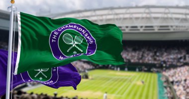 Londra, İngiltere, 3 Haziran 2024: The Championships Wimbledon bayrakları sallanıyor. Büyük tenis turnuvası. Resimli 3d illüstrasyon oluşturucu.