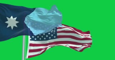 Minnesota 'nın yeni eyalet bayrağı yeşil arka planda izole edilmiş Amerikan bayrağıyla dalgalanıyor. Kusursuz 3D canlandırma animasyonu. Krom anahtar. Yavaş çekim döngüsü. Yeşil ekran. 4 bin. Seçici odak