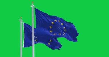 Yeşil arka planda izole edilmiş iki Avrupa Birliği bayrağı sallanıyor. 3D canlandırma animasyonu. Krom anahtar. Yavaş çekim döngüsü. Yeşil ekran. 4 bin. Seçici odak