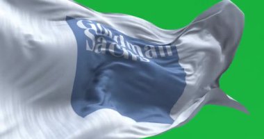 New York, ABD, Mar. 22024: Goldman Sachs bankasının bayrağı yeşil arka planda izole edildi. Kusursuz 3D canlandırma animasyonu. Krom anahtar. Yavaş çekim döngüsü. Yeşil ekran. 4K.
