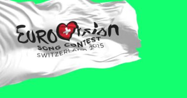 Zürih, CH, 13 Mayıs 2024: 2025 Eurovision Şarkı Yarışması yeşil arka planda izole edilmiş bir şekilde sallanıyor. Kusursuz 3D canlandırma animasyonu. Krom anahtar. Yavaş çekim döngüsü. Yeşil ekran. 4K.