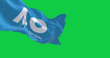 Melbourne, AU, Aralık 12023: Avustralya Açık bayrağının yakın çekimi yeşil arka planda izole edildi. Kusursuz 3D canlandırma animasyonu. Krom anahtar. Yavaş çekim döngüsü. Yeşil ekran. 4 bin. Seçici odak