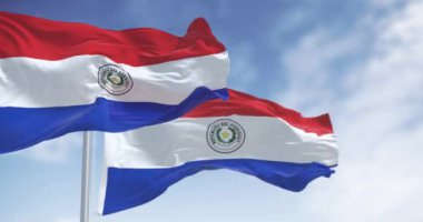 Paraguay ulusal bayrakları dalgalanıyor. Beyaz bant merkezli üç eşit yatay kırmızı, beyaz ve mavi şerit. Kusursuz 3 boyutlu animasyon. Yavaş çekim döngüsü. Seçici odak
