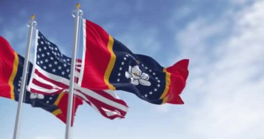 Mississippi eyalet bayrağı açık havada Amerikan bayrağıyla dalgalanıyor. Magnolia Eyaleti. Kusursuz 3 boyutlu animasyon. Yavaş çekim döngüsü. Seçici odak