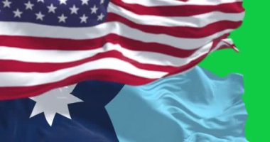 Minnesota 'nın yakın plan yeni eyalet bayrağı yeşil arka planda izole edilmiş Amerikan bayrağıyla dalgalanıyor. Kusursuz 3D canlandırma animasyonu. Krom anahtar. Yavaş çekim döngüsü. Yeşil ekran. 4 bin. Seçici odak