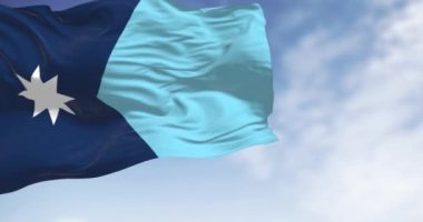Minnesota 'nın yeni eyalet bayrağının açık bir günde Amerikan bayrağıyla dalgalanması. Amerika Birleşik Devletleri 'nin kuzey ve orta batı bölgelerinde. Kusursuz 3 boyutlu animasyon. Yavaş çekim döngüsü