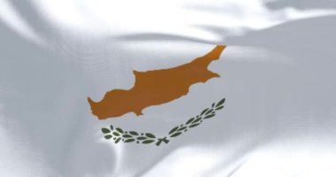Kıbrıs ulusal bayrağını dalgalandırın. Tüm adanın koyu turuncu haritasının altında iki zeytin dalı olan beyaz bayrak. Kusursuz 3 boyutlu animasyon. Yavaş çekim döngüsü. Seçici odak