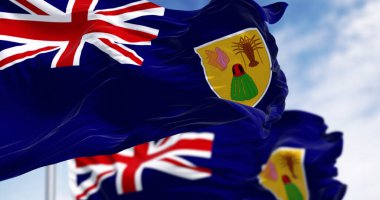 Turks ve Caicos Adaları 'nın bayrakları açık havada rüzgarda sallanıyor. Atlantik Okyanusu 'ndaki İngiliz denizaşırı toprakları. 3D illüstrasyon canlandırıcı. Seçici odaklanma. Dalgalanan kumaş