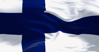 Close-up of national flag of Finland waving in the wind. Blue Nordic cross on white background. Scandinavian country. 3D illustration render. Rippled textile background.