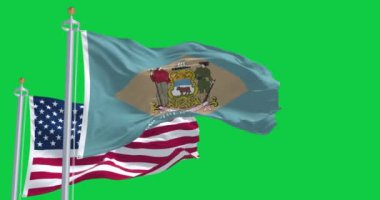 Amerika Birleşik Devletleri bayrağıyla birlikte yeşil arka planda izole edilmiş Delaware eyalet bayrağı dalgalanıyor. Kusursuz 3D canlandırma animasyonu. Krom anahtar. Yavaş çekim döngüsü. Yeşil ekran. 4 bin. Seçici odak