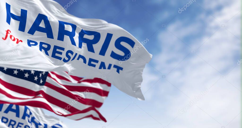 Washington D.C., US, July 22 2024: Kamala Harris 2024 presidential campaign flag waving with the american flag. Illustrative editorial 3d illustration render. 2024 US presidential election